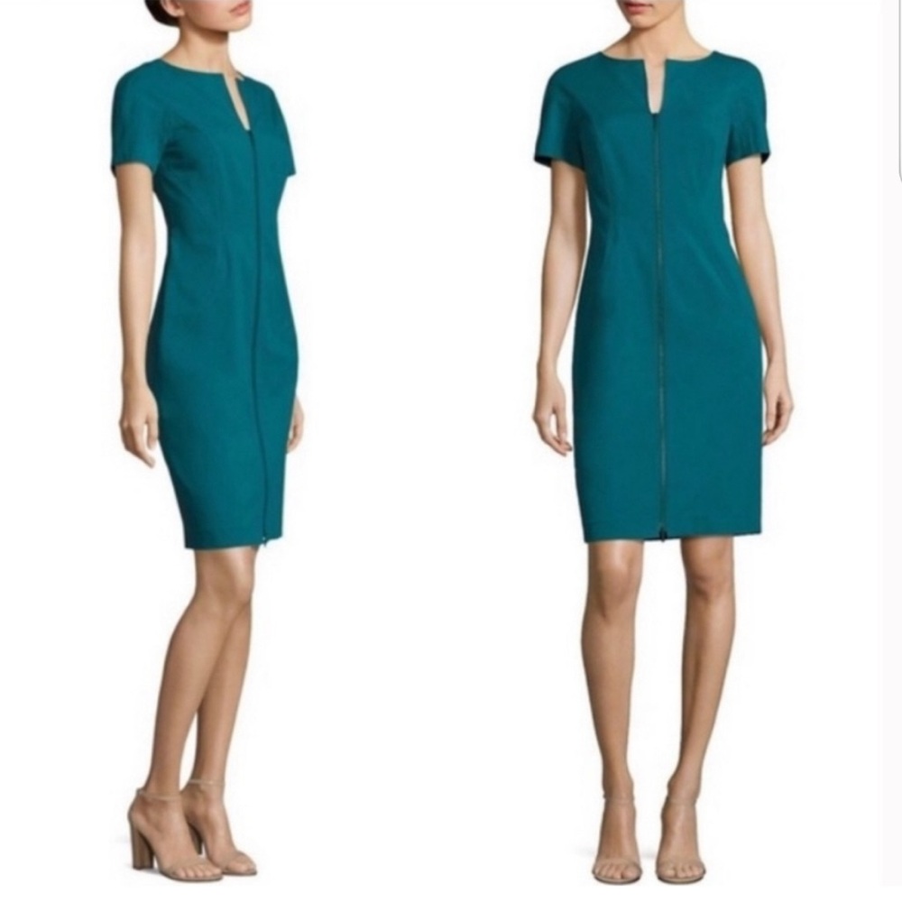 Layfayette 148 New York Structured Teal Midi Dress with Front Zipper Size 12